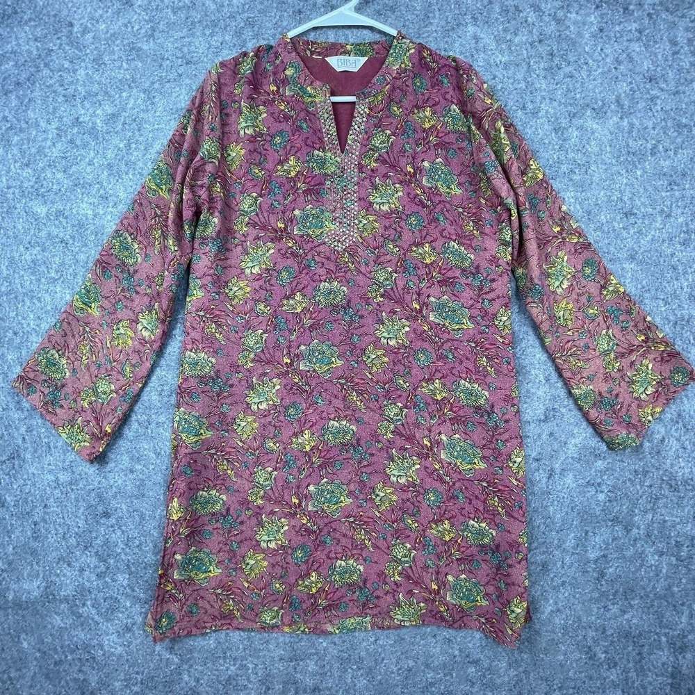 Biba Tunic Dress Womens Small Burgundy‎ Yellow Flowers Boho Hippy Side Slit